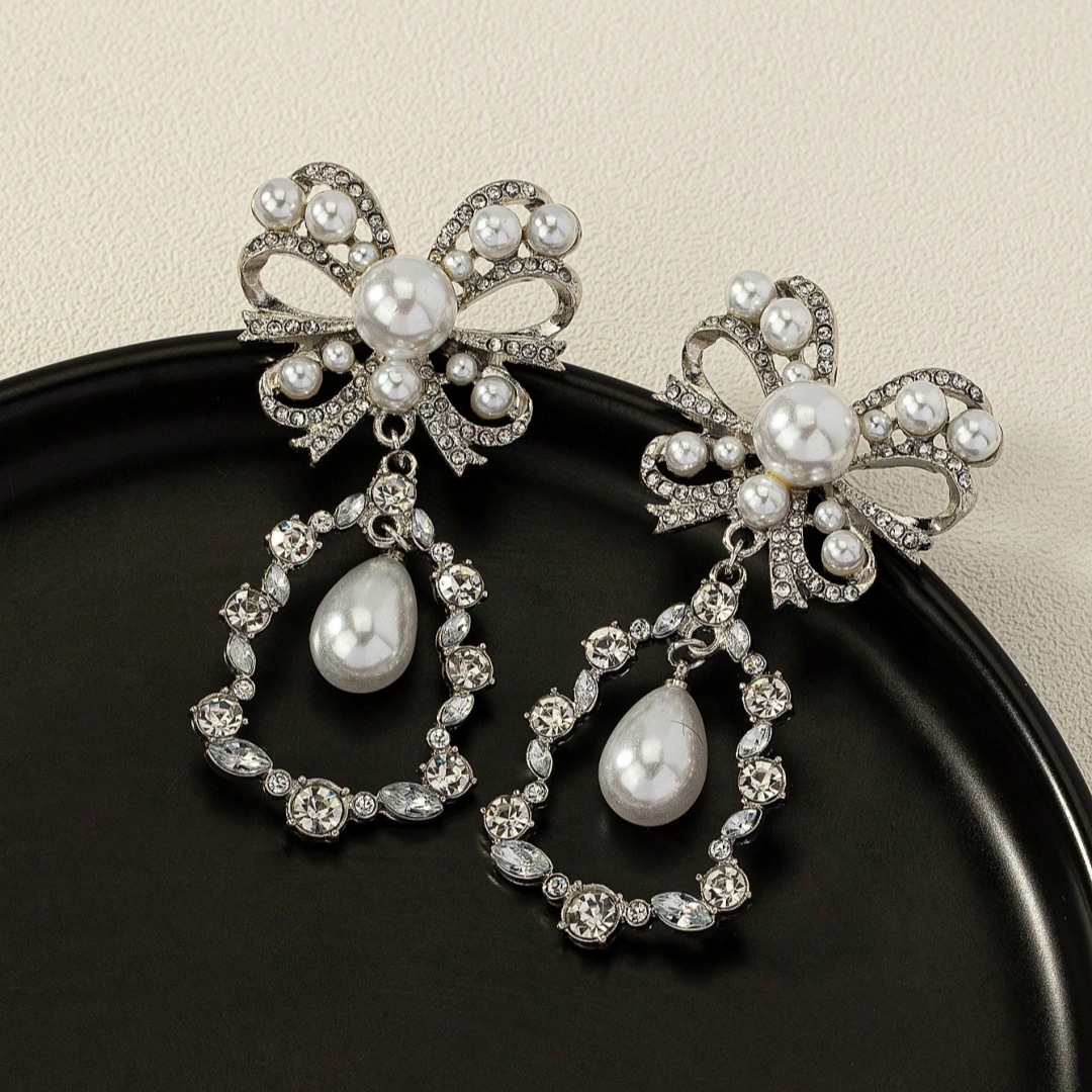 Qingdao Jewelry French Retro Pearl Bow Water Drop Pendant Earrings Advanced Sense Exaggerated Fairy Ear Accessories Trendy Women