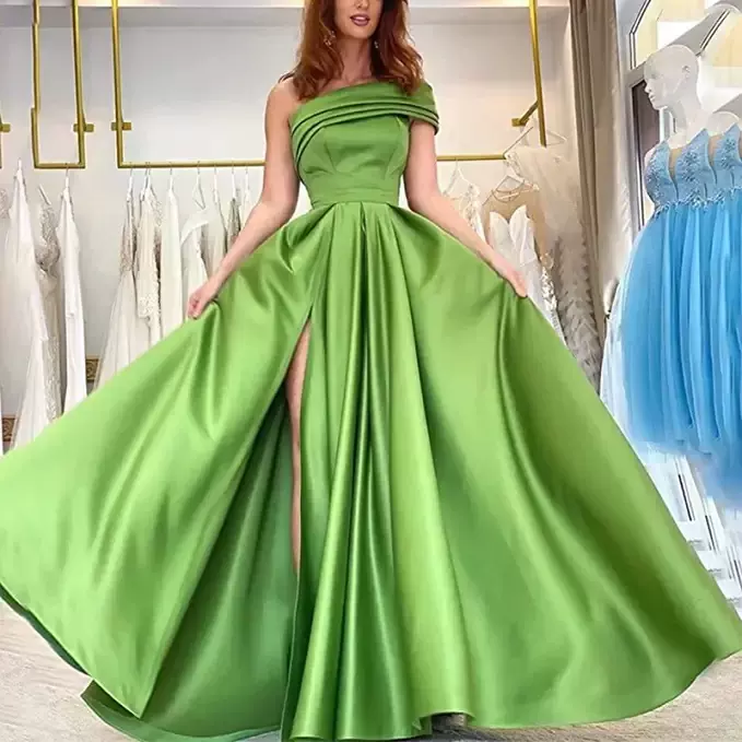 外贸单肩缎面礼服亚马逊晚礼服生日宴会蓬蓬裙绿色开叉性感连衣裙