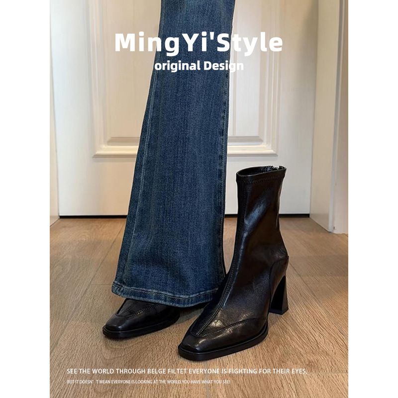 Genuine Leather High-Heeled Short Boots for Women, 2025 Autumn and Winter New Style, Square-Toed Martin Boots, Black, Fleece-Lined, Chunky Heel, Slim-Fit Boots