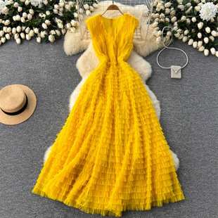 跨境名媛法式禮服女高級感V領重工褶皺網紗收腰蓬蓬蛋糕長裙連衣