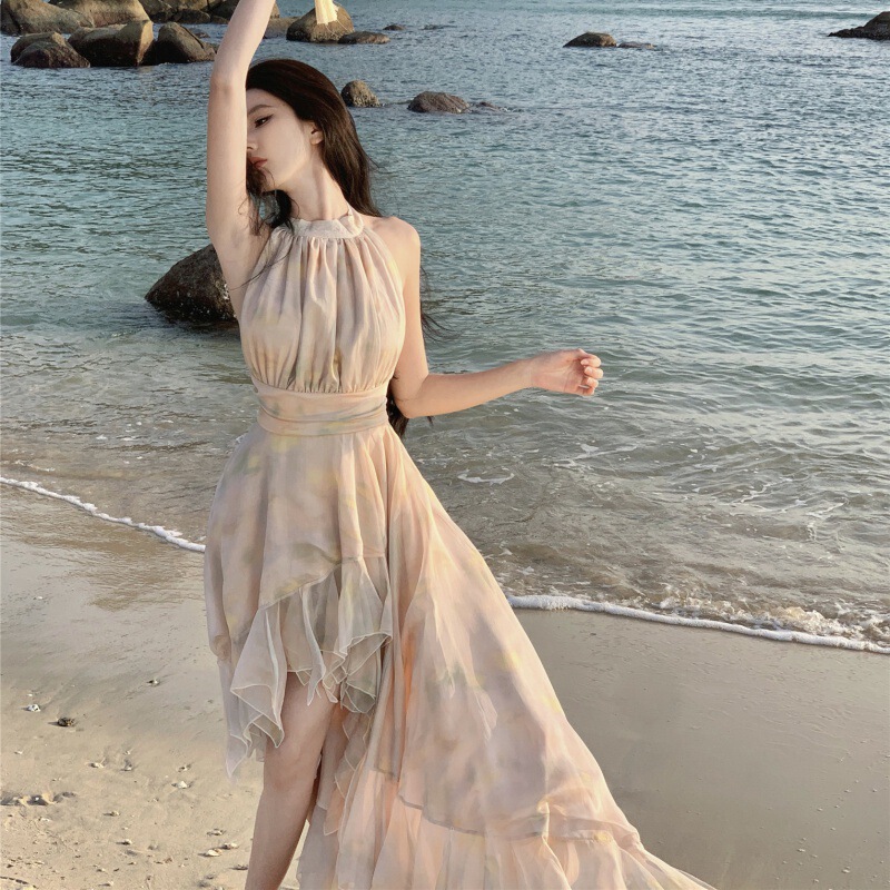 Smart and Dye Neck Multi-Layer Skirt French Irregular Elegant dress Women's Long dress