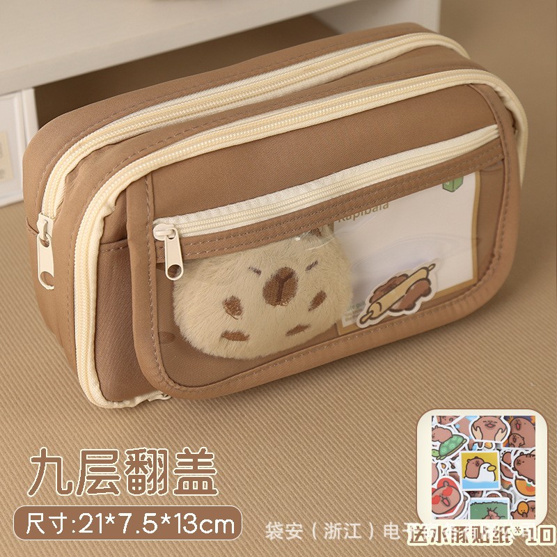 Estuche de lápices Capibara, nueve compartimentos, café Maillard, multifuncional