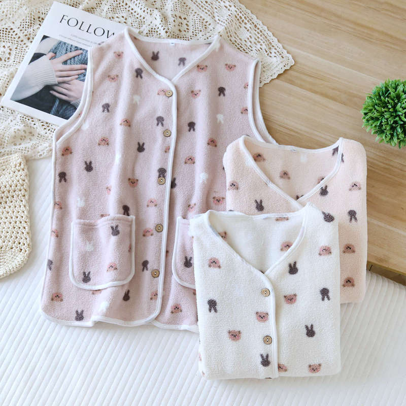 Flannel Vest Vest Pajamas Women's Tops Single Cardigan Autumn and Winter Fleece-Lined Thickeneded Warm Coral Velvet Home Clothes