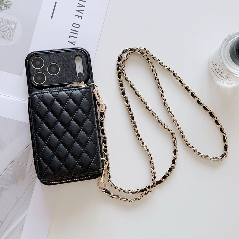 Suitable for Iphone17Promax Small Fragrant Style Zipper Card Holder Mobile Phone Case Huawei Samsung Shoulder Strap Protective Leather Case