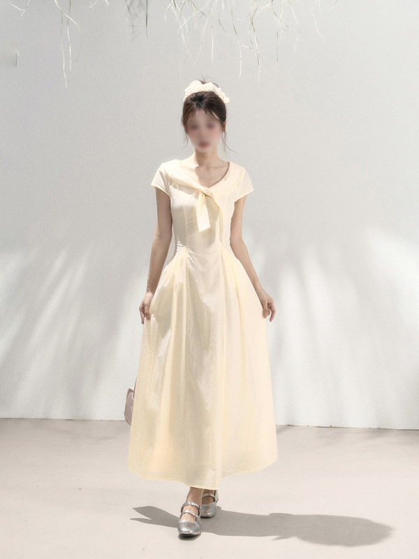 法式围巾领短袖连衣裙女2025夏季新款收腰显瘦气质长裙|undefined