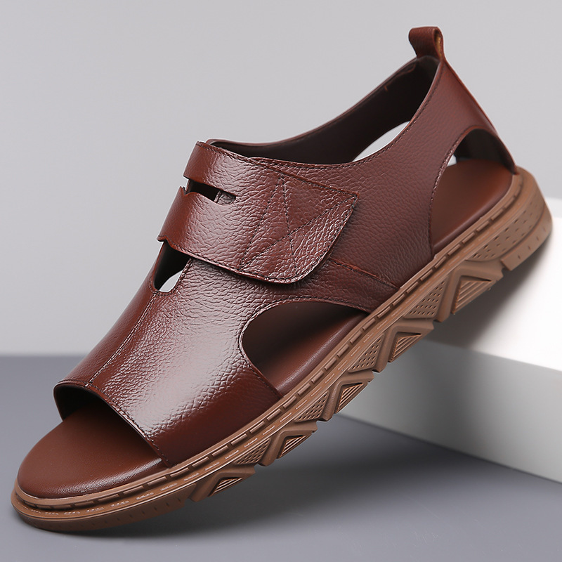 Men's Genuine Leather Sandals 2026 Summer New Style Beach Shoes Men's Casual Hollow Breathable Roman Clogs Men's Dropshipping