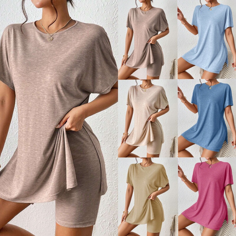 Cross-border foreign trade summer casual women's clothing comfortable two-piece set: batwing sleeve round-neck slit T-shirt and tight shorts Cross-border foreign trade summer casual women's clothing comfortable two-piece set: batwing sleeve round-neck slit T-shirt and tight shorts