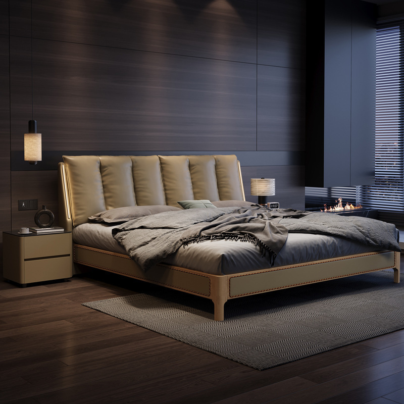 Genuine Leather Double Bed with Thickened Double-Layer Large Backrest, High-Elastic Cotton and Sponge for Comfortable Support and Waist Protection. Discount Available on Orders Genuine Leather Double Bed with Thickened Double-Layer Large Backrest, High-Elastic Cotton and Sponge for Comfortable Support and Waist Protection. Discount Available on Orders