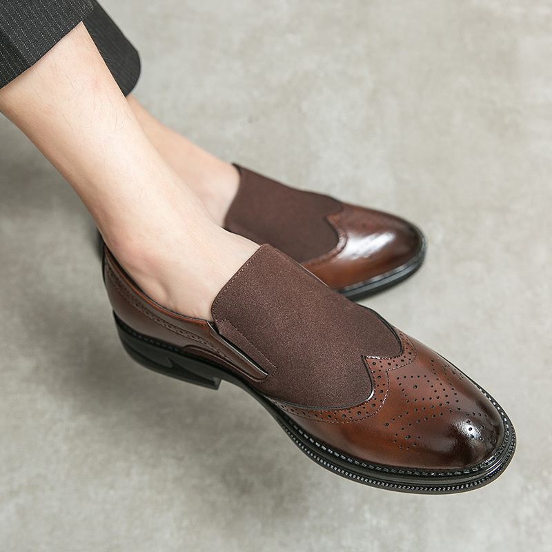 Bloc zapatos de cuero para hombres tallado flores británicos negocios ocio suela gruesa elevación de un pedal peluquería punta zapatos de moda Lefour