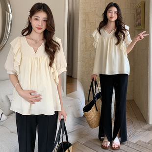 Maternity Dress Elegant Summer Dress Sweet Age-reducing Doll Shirt Top Drawstring Split Micro-pants suit
