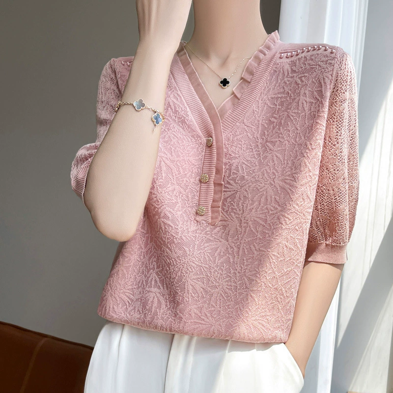 2024 Новый Летний Тэнс Лезель Полый Жаккардовый свитер V-образным вырезом Женский бисер свободный дикий топ