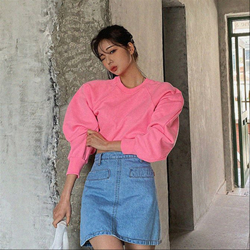 2026 Spring and Autumn Korean Style New Ins Fashion Simple Commuting Solid Color Round Neck Short Design Sports Sweatshirt for Women