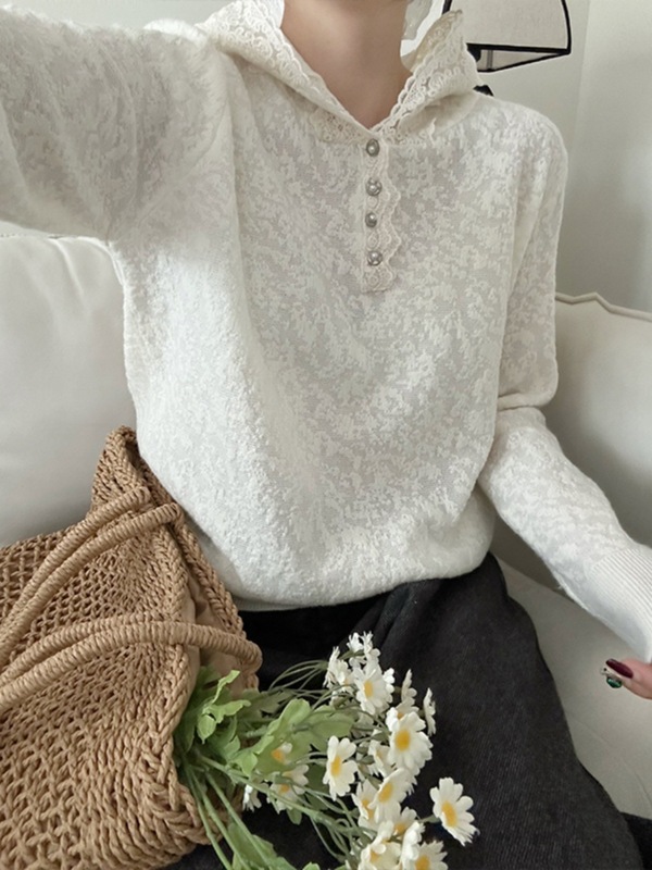 蕾丝花边连帽针织衫女2025新款韩系穿搭设计感薄款毛衣设计感上衣|undefined