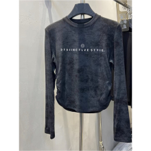 美式复古扎染正肩长袖t恤女2024秋季新款收腰修身显瘦打底衫上衣