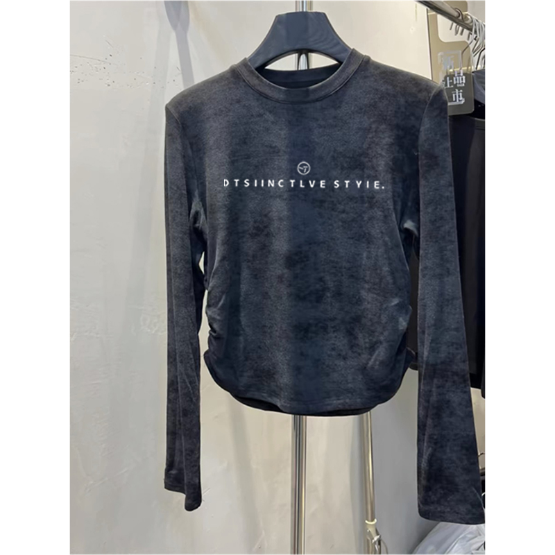 美式复古扎染正肩长袖t恤女2024秋季新款收腰修身显瘦打底衫上衣