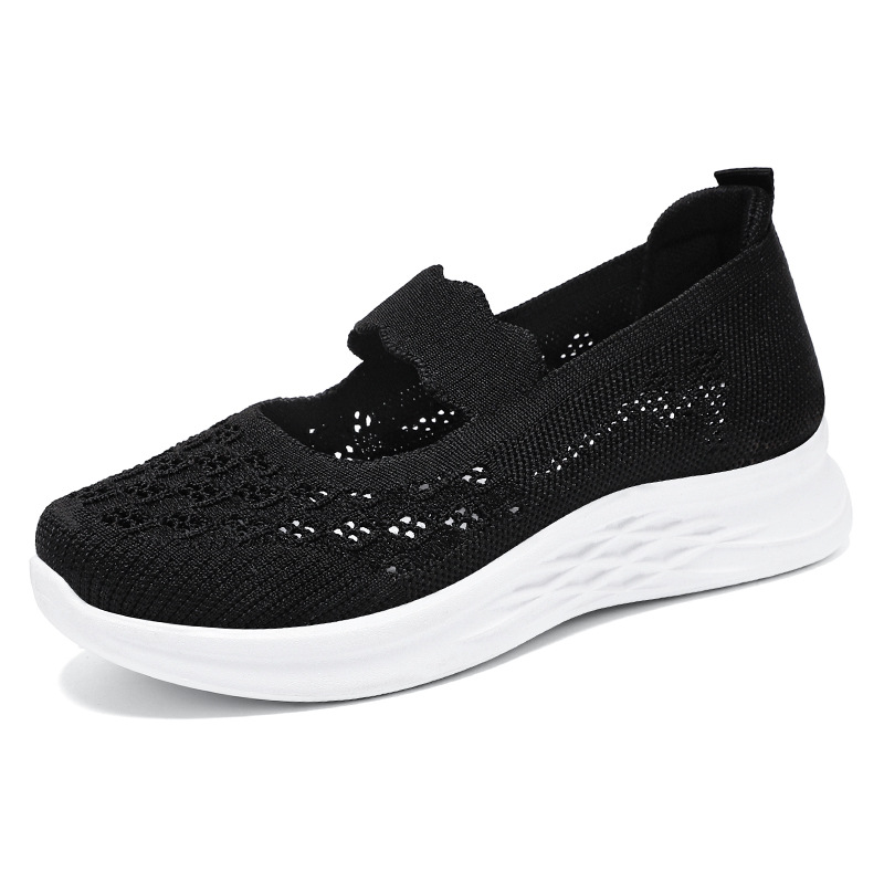 Zapatos de mujer, novedad de verano, zapatos de malla hueca tejidos con mosca, zapatos de tela de Beijing antiguos de una pierna, zapatos de mamá de moda, venta al por mayor transfronteriza
