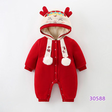 秋冬新款童装冬季厚款婴儿连体衣加绒加厚宝宝外出服连帽哈衣爬服