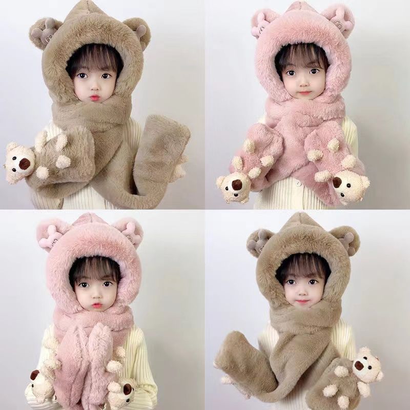 Baby hat, scarf, and gloves set for autumn and winter, warm and plush children's ear protector hat for both boys and girls, hooded hat