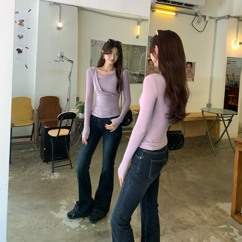 莫代尔羊毛不规则斜肩长袖T恤女秋季2025新款设计感绝美小上衣|undefined