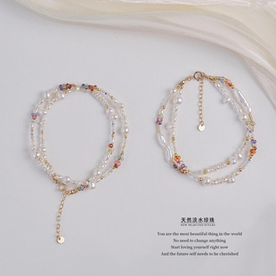 Natural Freshwater Pearl Double Layer Bracelet New Chinese Style Light Luxury Baroque Niche Design Advanced Beaded Clavicle Chain