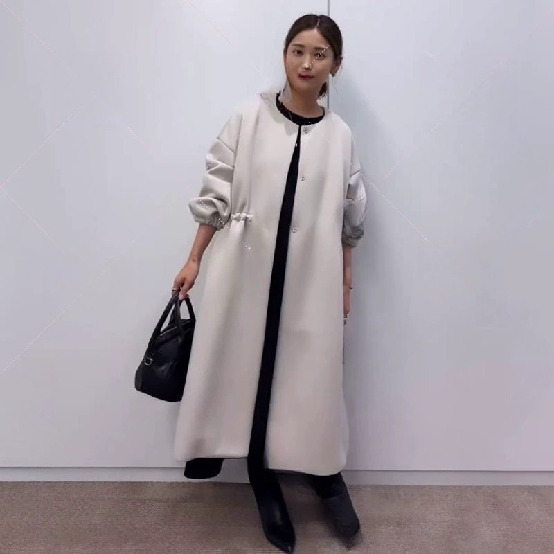 Трансграничная внешняя торговля Япония и Южная Корея 2024 осень и зима новый премиум-стиль расслабленного длинного пальто с круглым вырезом и длинным рукавом пальто для женщин