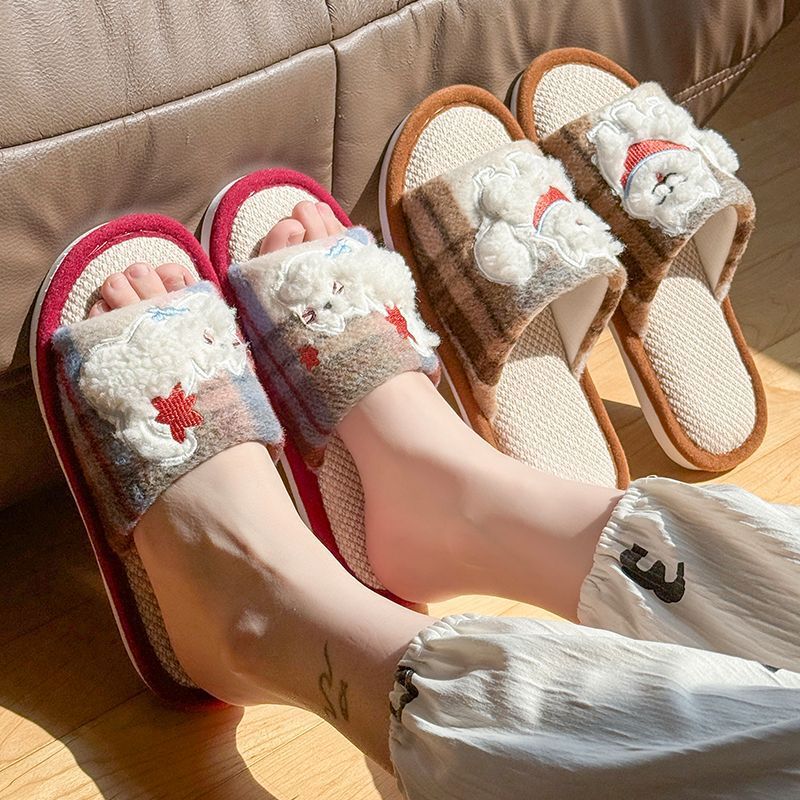 Linen Slippers for Women, All-Season Home Indoor Cartoon Soft-Soled Non-Slip Silent Summer Outdoor Breathable Cotton and Linen Slippers for Men