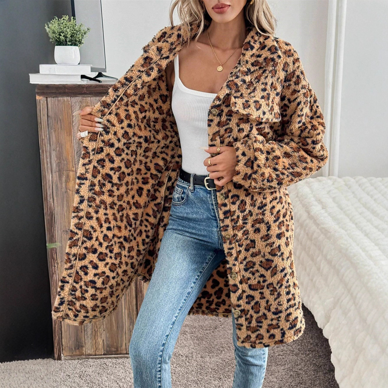 Women’s Oversized Leopard Print Trench Coat – Long Sleeve Button-Up Polyester Windbreaker, Streetwear Fashion For Fall & Winter_voghion.com