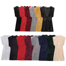 2024跨境外贸女装批发珠片饰礼服裙无袖聚会带垫肩迷你连衣裙Y2K