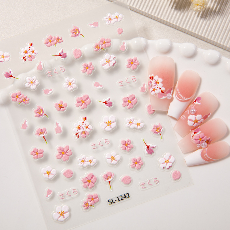Pink Fresh Flower Nail Stickers 5D Embossed Stereo Pink Cherry Blossom DIY Nail Art Stickers Jewelry Sl Style