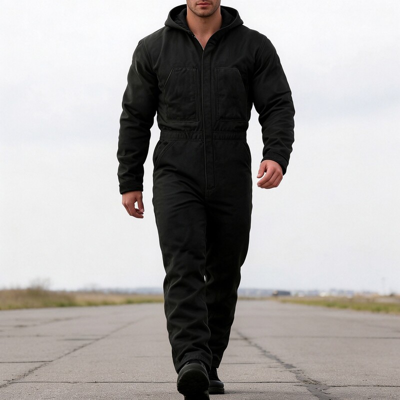 Cross-border European and American style men's casual retro black warm long-sleeved hooded jumpsuit Cross-border European and American style men's casual retro black warm long-sleeved hooded jumpsuit
