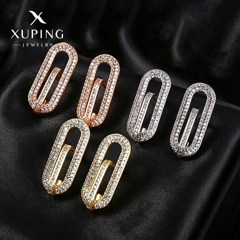 Xuping joyas geométricas elípticas micro incrustadas con orejetos de zircón, nicho de alto nivel, orejetos transfronterizos europeos y estadounidenses, orejetos para mujeres