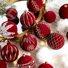 圣诞树装饰球圣诞彩绘球植绒暗红圣诞球珍珠DIY挂饰场景布置