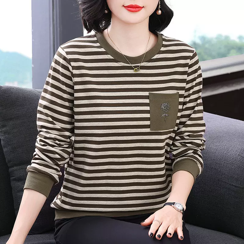 2025新款爆款长袖宽松中老年妈妈纯棉套头条纹圆领大码遮肚T恤女