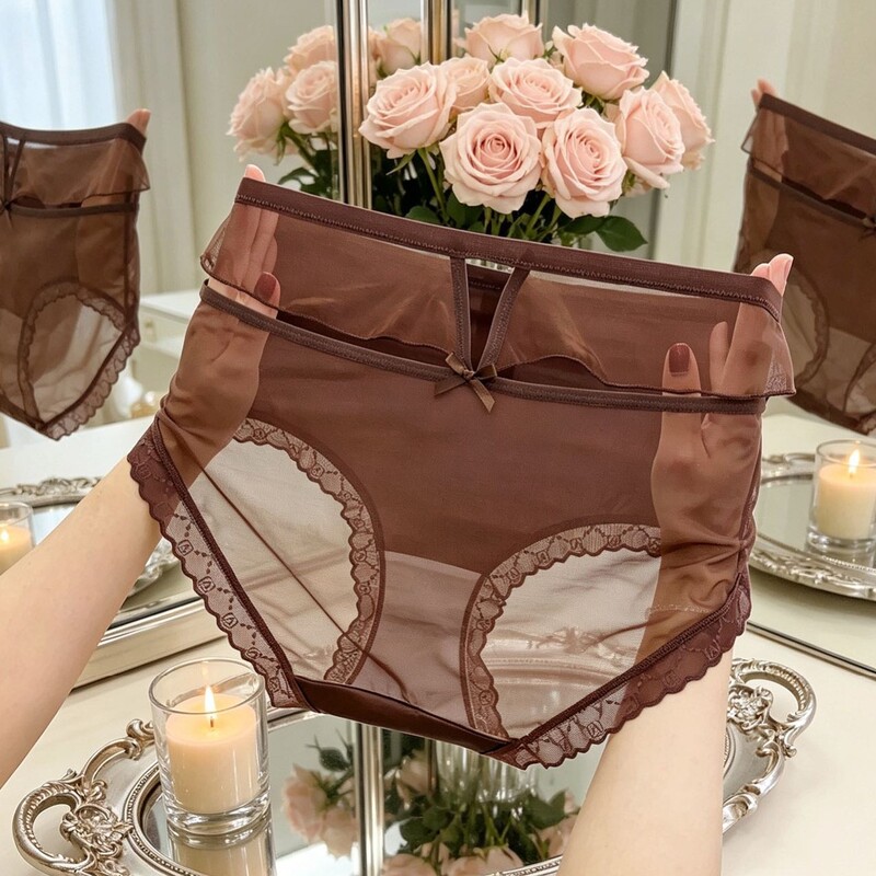 2026 Autumn/Winter Light Luxury Satin Lace Women's Hollow-Out Sexy Plus Size High-Waisted Mesh Breathable Women's Briefs