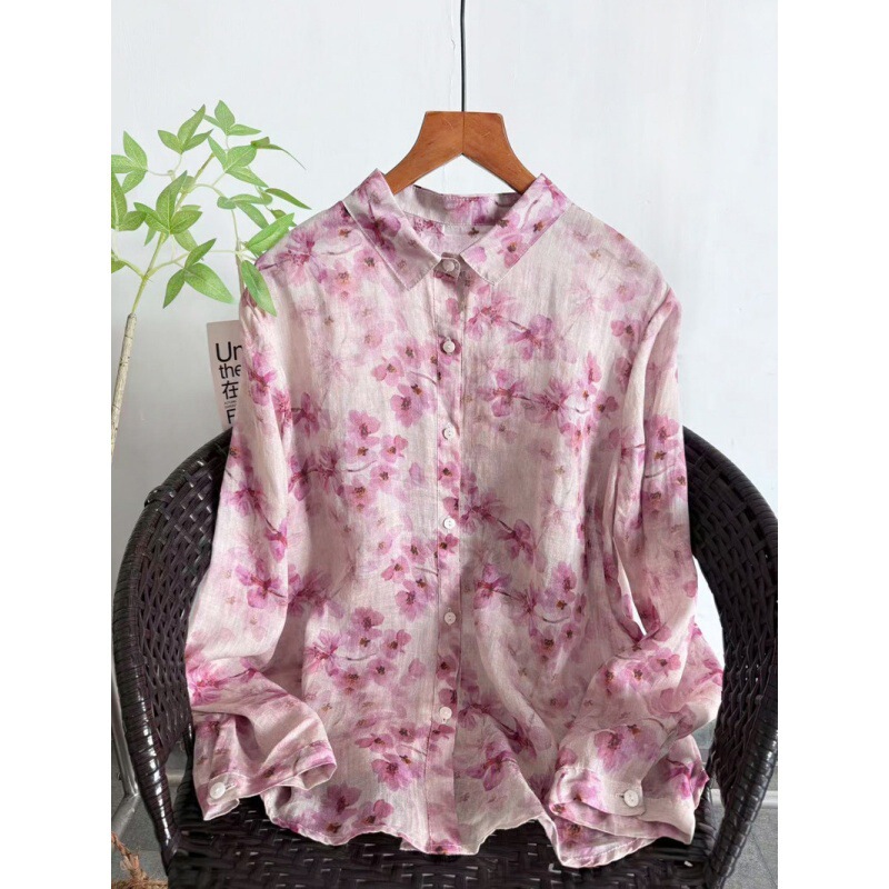 Fresh Mori Girl Style Artistic Printed Long Sleeve Shirt, Spring and Autumn Large Size Loose Fit Cross-Border Foreign Trade Top, Base Shirt, Blouse