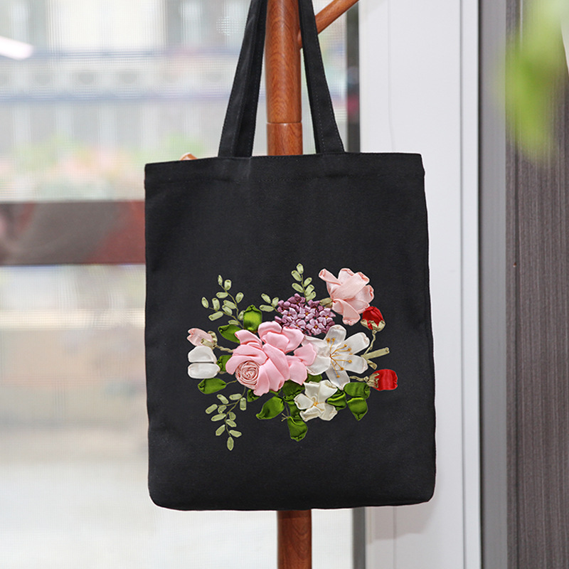 Hecho a mano DIY cinta bordada bolsa de lona Lu bordado solo hombro bolso tridimensional bordado flor lienzo mujer bolsa grande