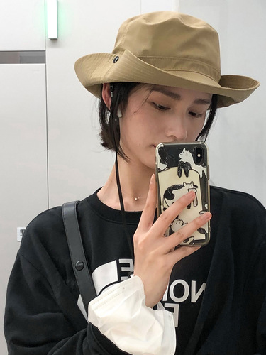 Japanese-style large-brimmed drawstring sun fishing hat for girls, summer outdoor breathable sunshade large head circumference climbing fishing hat for men