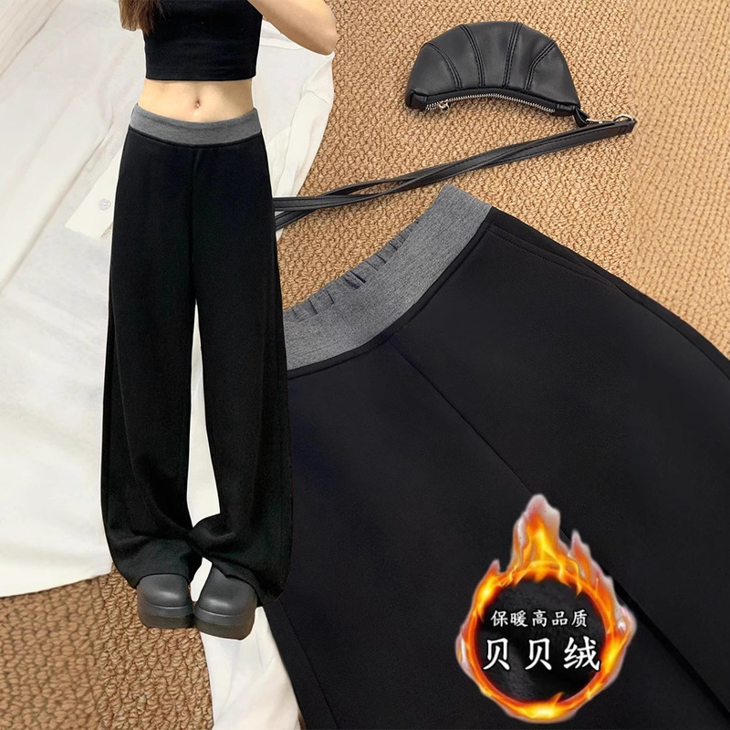 Black Stitching Casual Pants Women's Fall/Winter plus size chubby girl Loose Slimming Pear-Shaped Wide-Leg Sports Pants fleece-lined Black Stitching Casual Pants Women's Fall/Winter plus size chubby girl Loose Slimming Pear-Shaped Wide-Leg Sports Pants fleece-lined