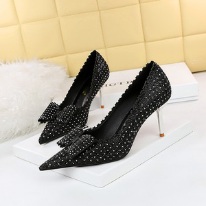 1932-A18 Korean Fashion Banquet Women's Shoes Slim Heel High Heel Shallow Notch Rhinestone Bowknot Women's Sin