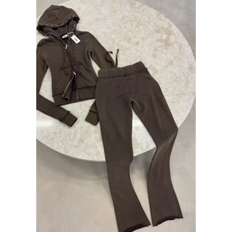 Unbranded Lace-Up Hoodie and Flared Pants Set 2-Piece Brown