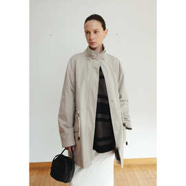 现 2025秋季新款韩国设计师mon*ha气质立领抽绳中长款风衣