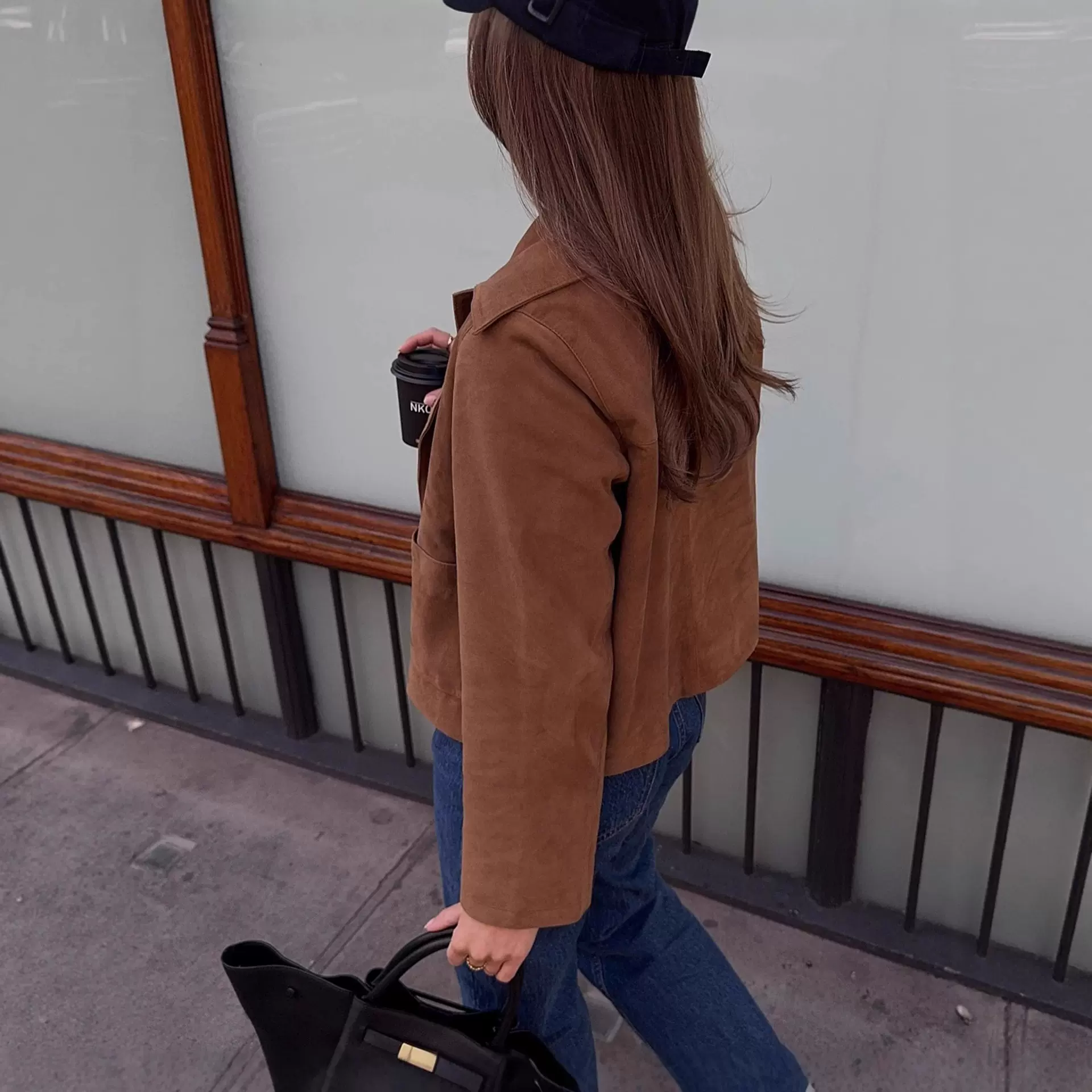 跨境老钱风复古棕色麂皮绒大衣女2025秋冬休闲绒面翻领夹克衫外套