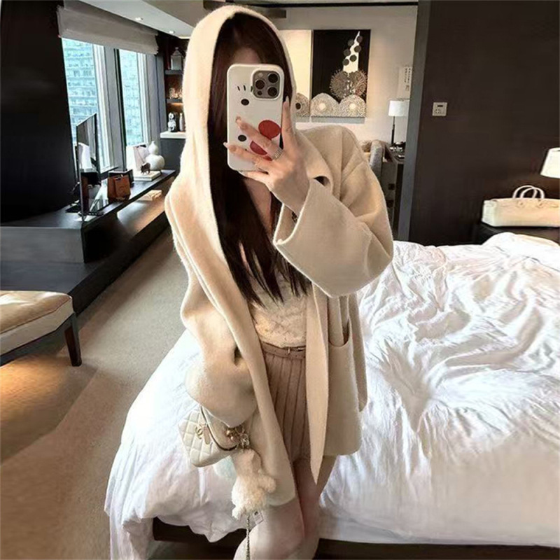 高级感连帽毛衣外套女秋冬新款慵懒风宽松中长款针织开衫大衣外搭|undefined