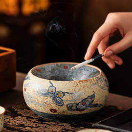 青花火石红陶瓷烟灰缸防灰飞轻奢高级感家用客厅茶渣缸办公室烟缸