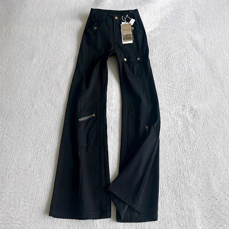 Black Cargo Jeans for Women, Autumn 2025 New American Style Multi-Pocket Slimming Scimitar Pants, High-End Straight Pants