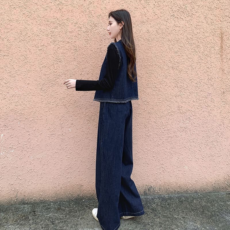 Retro Denim Sleeveless Vest 2026 New Style New Chinese Style Wide-Leg Pants Two-Piece Set Women's Spring and Autumn Outfit Retro Denim Sleeveless Vest 2026 New Style New Chinese Style Wide-Leg Pants Two-Piece Set Women's Spring and Autumn Outfit