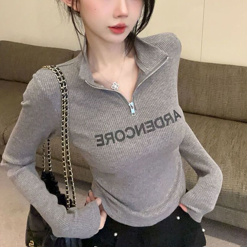 Cross-Border Wholesale Casual Sports Style Zip-Up Long-Sleeve T-Shirt, Fashionable Spicy Girl Stand-Collar Inner Layer Base Shirt Versatile Top Cross-Border Wholesale Casual Sports Style Zip-Up Long-Sleeve T-Shirt, Fashionable Spicy Girl Stand-Collar Inner Layer Base Shirt Versatile Top