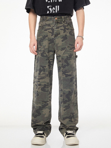 xxbro Men's Clothing #American Straight Leg Trendy Brand Denim Pants Wide Leg Splicing Camouflage Outdoor Logging Pants for Men and Women