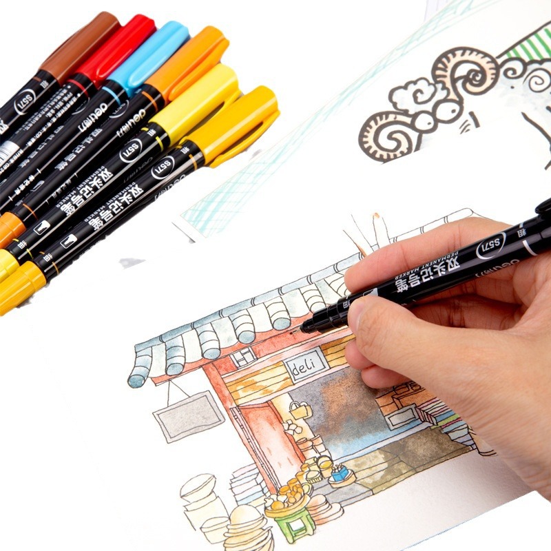 Deli Papelería S571 rotulador pequeño gancho aceitoso de doble cabeza línea marcador pluma estudiantes usan pintura de arte color 12 piezas