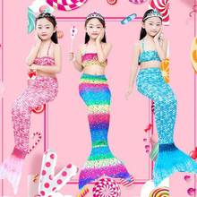 兒童美人魚套裝夏季游泳衣三件套 女孩人魚公主裙彩色美人魚尾巴